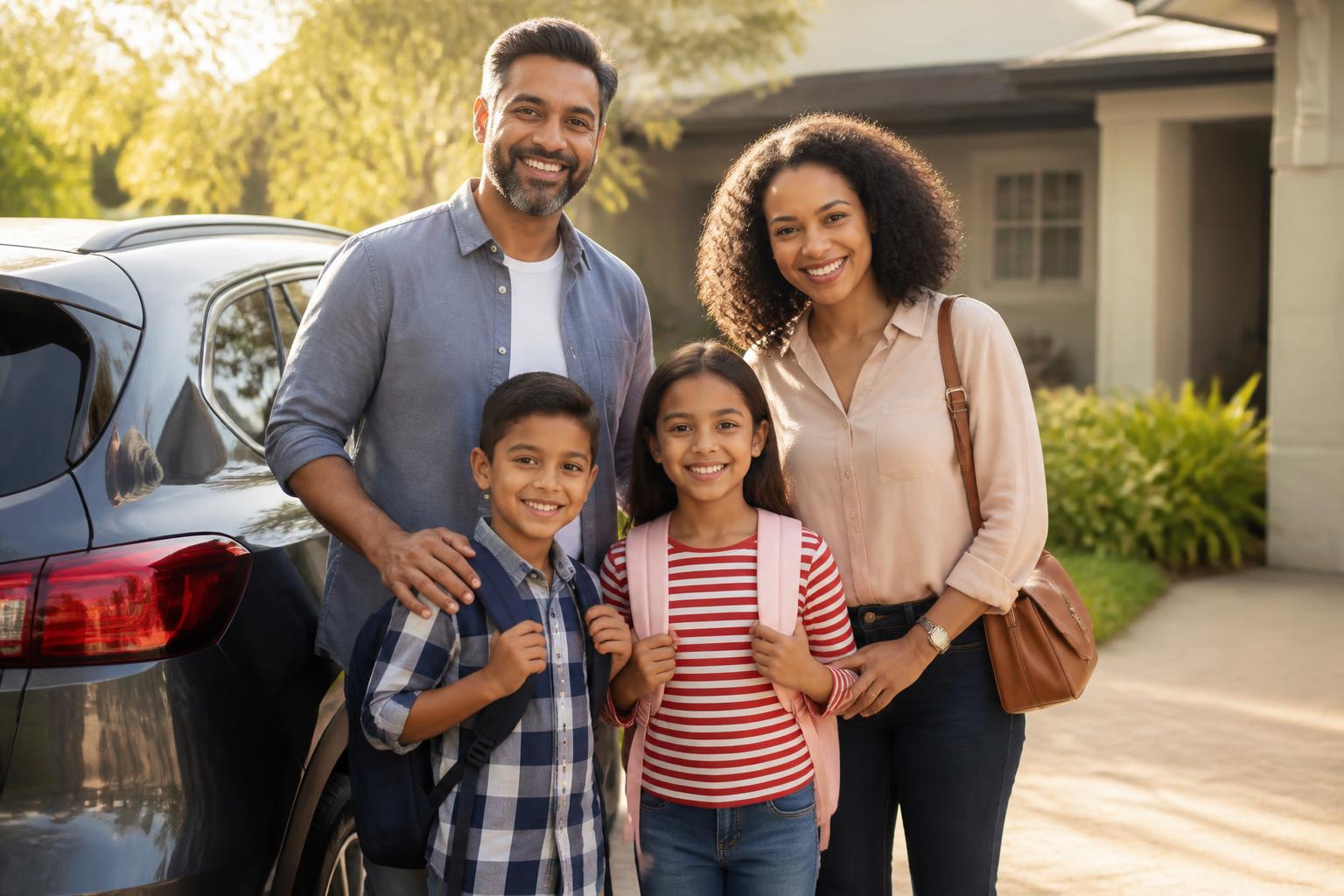 Parents and two school-age children smiling together beside their car